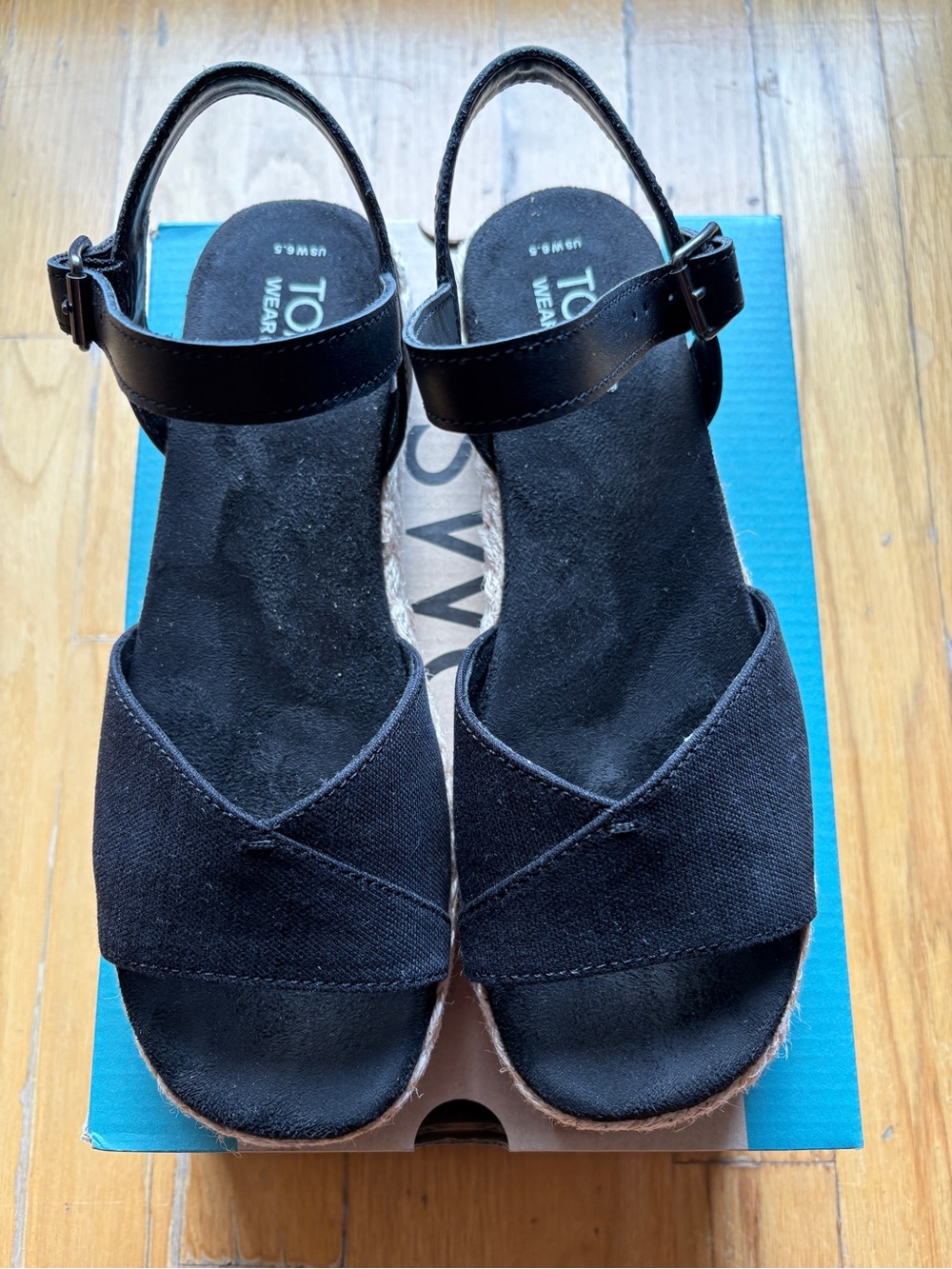 Toms Black Canvas Espadrille Wedge Sandals with Ankle Strap